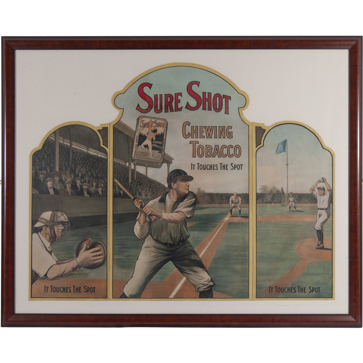 A circa 1910 Sure Shot Chewing Tobacco three-panel advertising display.