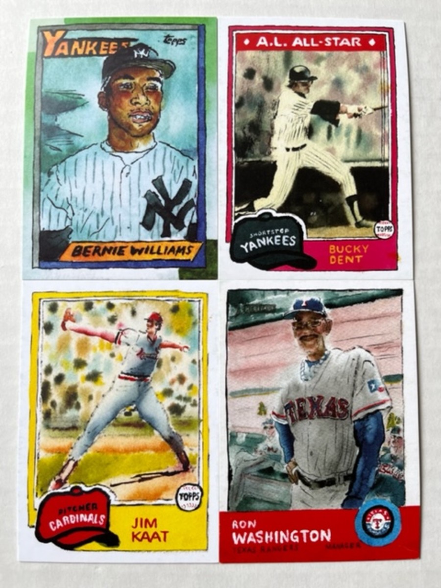 Andy Friedman art cards featuring (from left) Bernie Williams, Bucky Dent, Jim Kaat and Ron Washington.