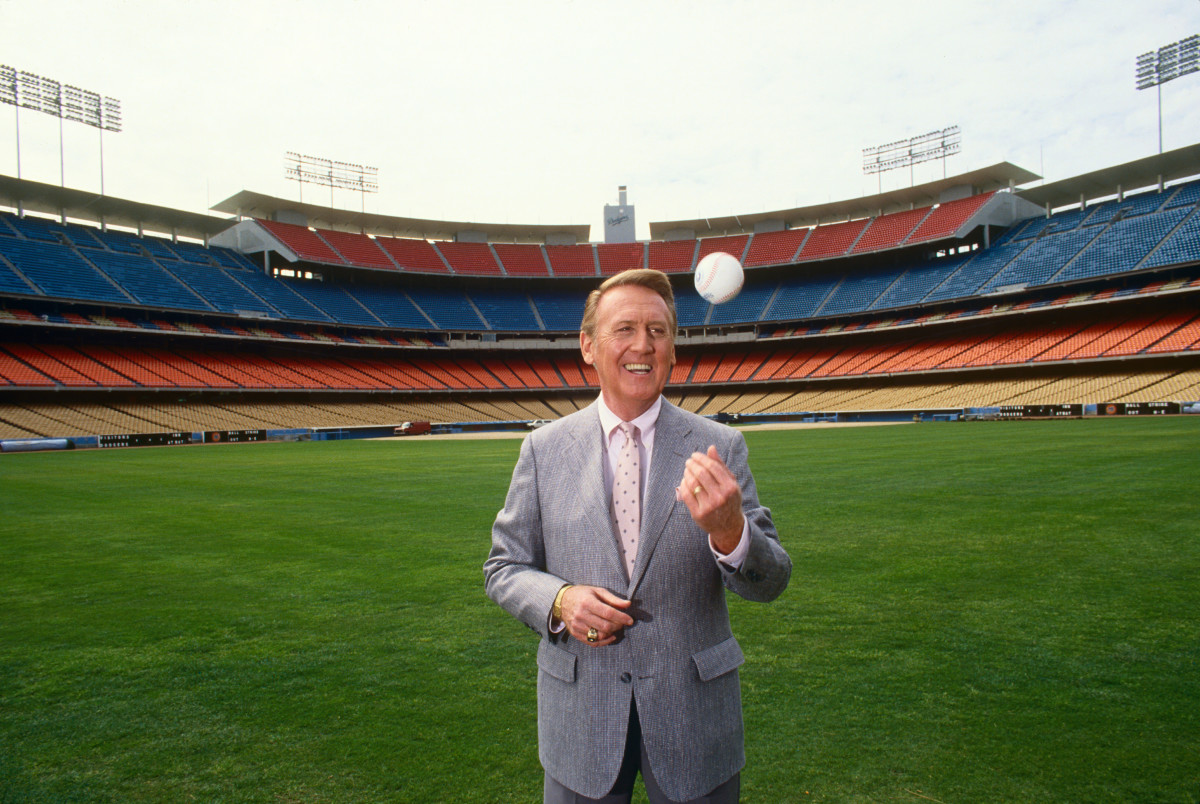 Famed Los Angeles Dodgers broadcaster Vin Scully at Dodger Stadium in 1987.