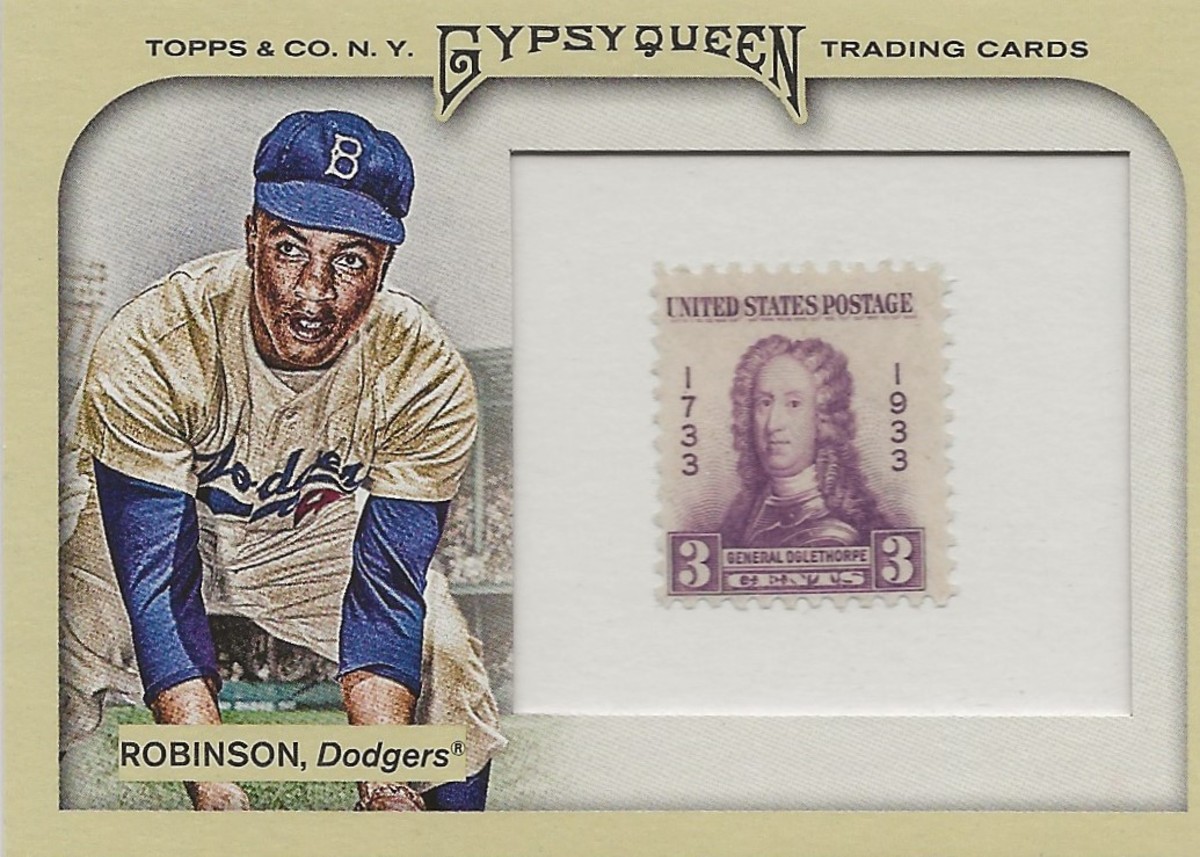 Topps Gypsy Queen Jackie Robinson card with a 3-cent stamp.