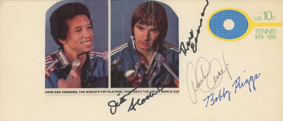 Arthur Ashe and Jimmy Connors postcard autographs by Ashe, Bobby Riggs, Dick Stockton and Roy Emerson.