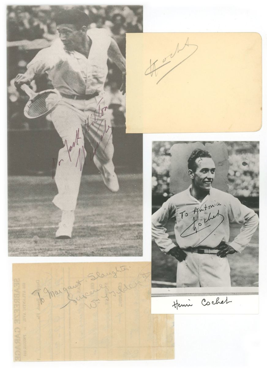 Autographs from French tennis stars and three of the “The Four Musketeers” Rene Lacoste, Jean Borotra and Henri Cochet.