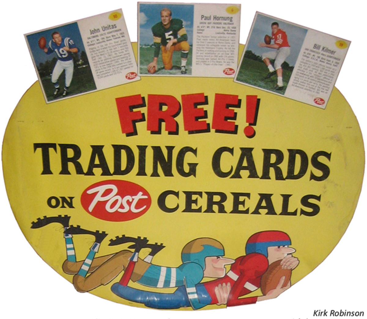 A Post Cereals advertising display sign promotes free trading cards featuring such 1960s football stars as Johnny Unitas, Paul Hornung and Bill Kilmer.