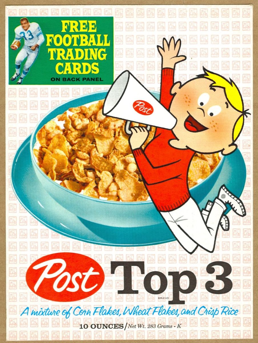 A box of Post Top 3 cereal included free football trading cards on the back.