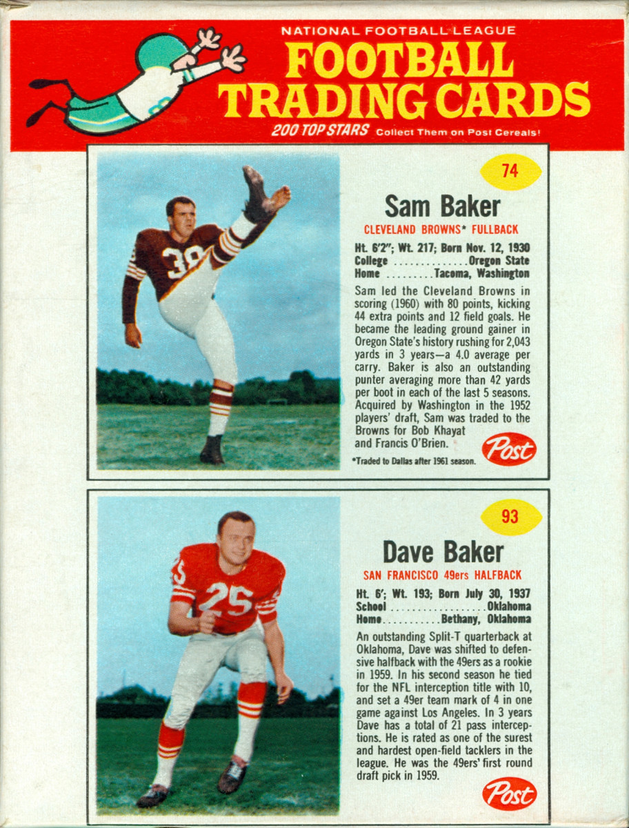 A Post Grape Nuts box features 1960s football stars Sam Baker and Dave Baker.