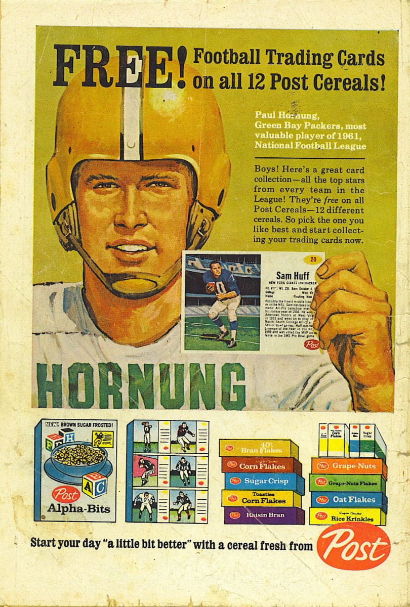 A comic book ad promotes Post Cereal football cards.