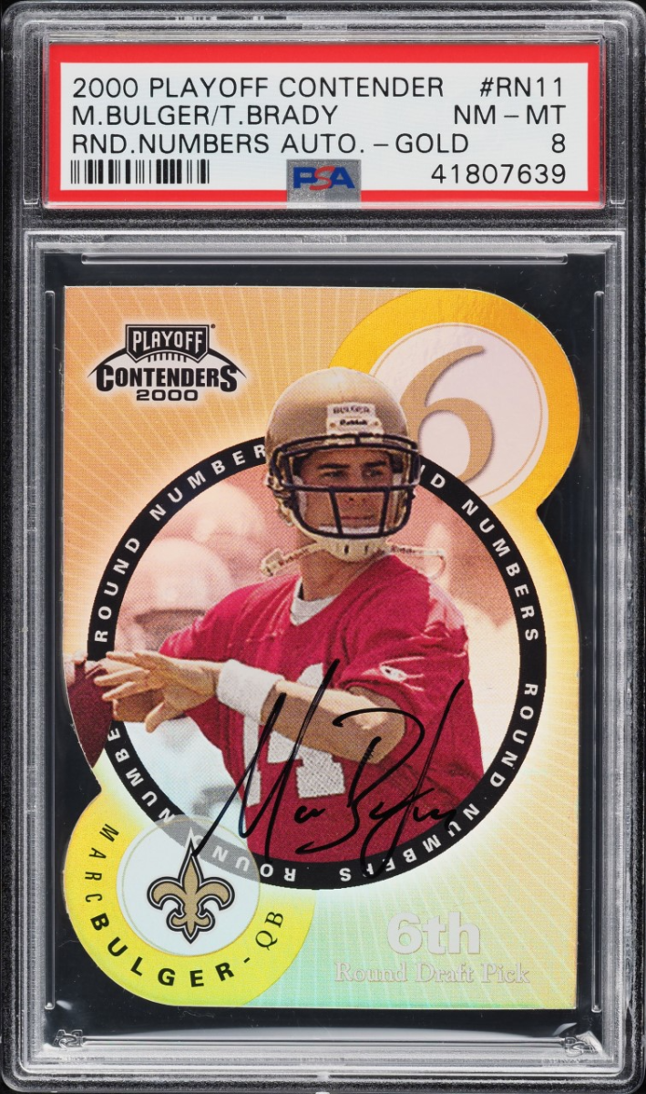 Front of 2000 Playoff Contender Marc Bulger/Tom Brady Rounded Numbers Auto Rookie card.