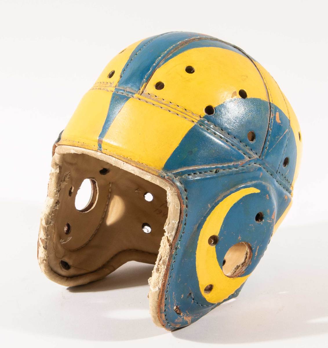 Los Angeles Rams professional model football helmet circa 1947, hand-painted by player Fred Gehrke.