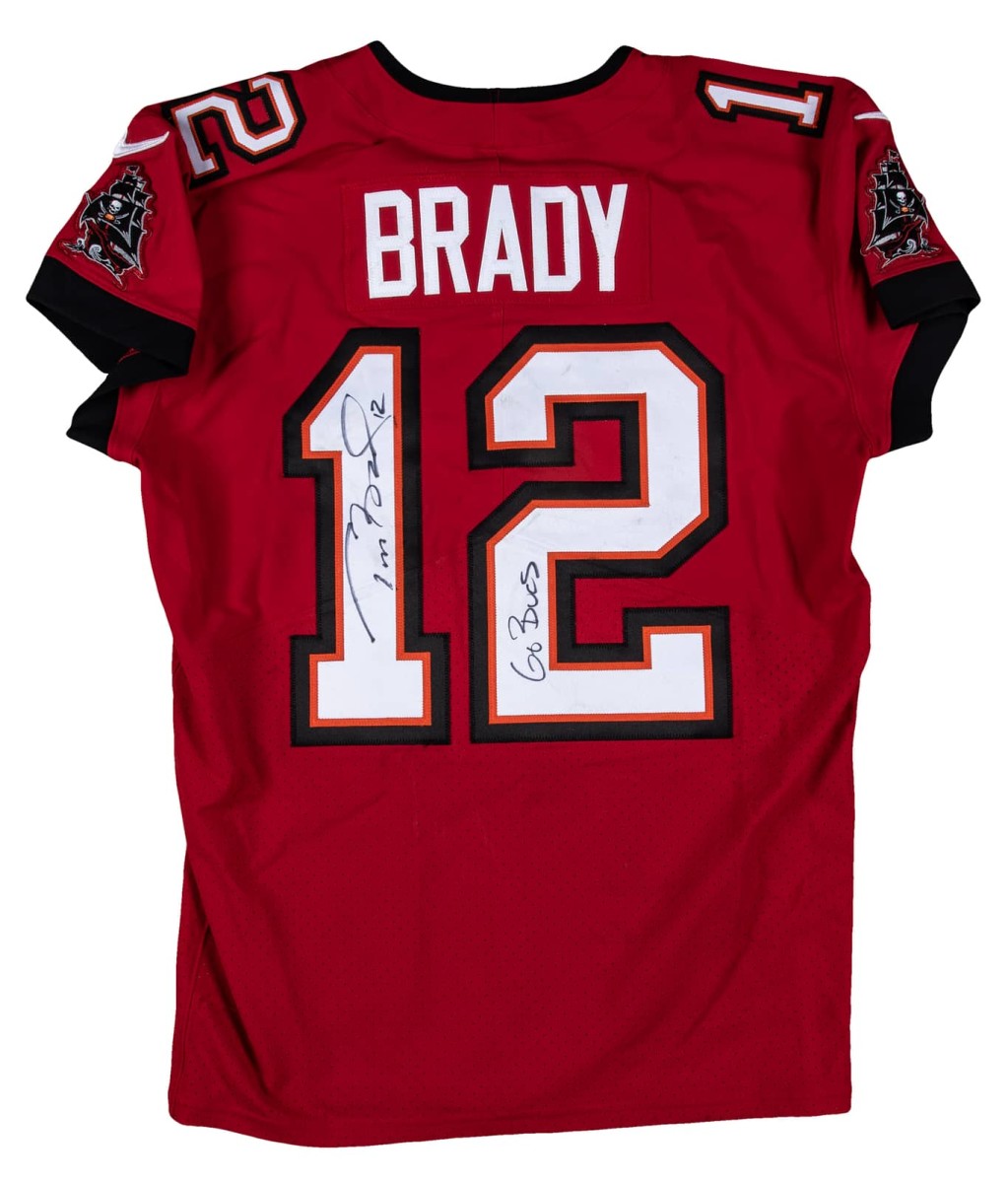 A Dec. 5, 2022 Tom Brady game-used, photo-matched, signed and inscribed Buccaneers jersey.