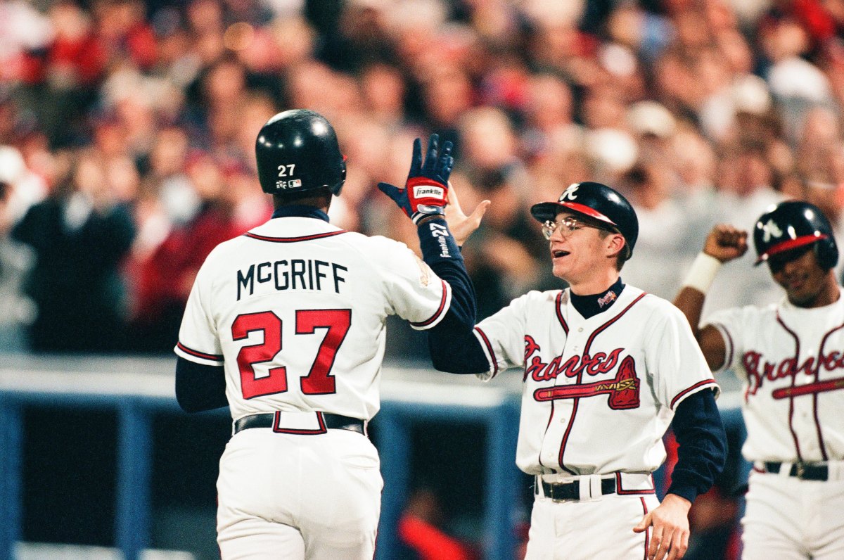 Fred McGriff after hitting a home run in Game Four of the 1996 World Series against the Yankees.