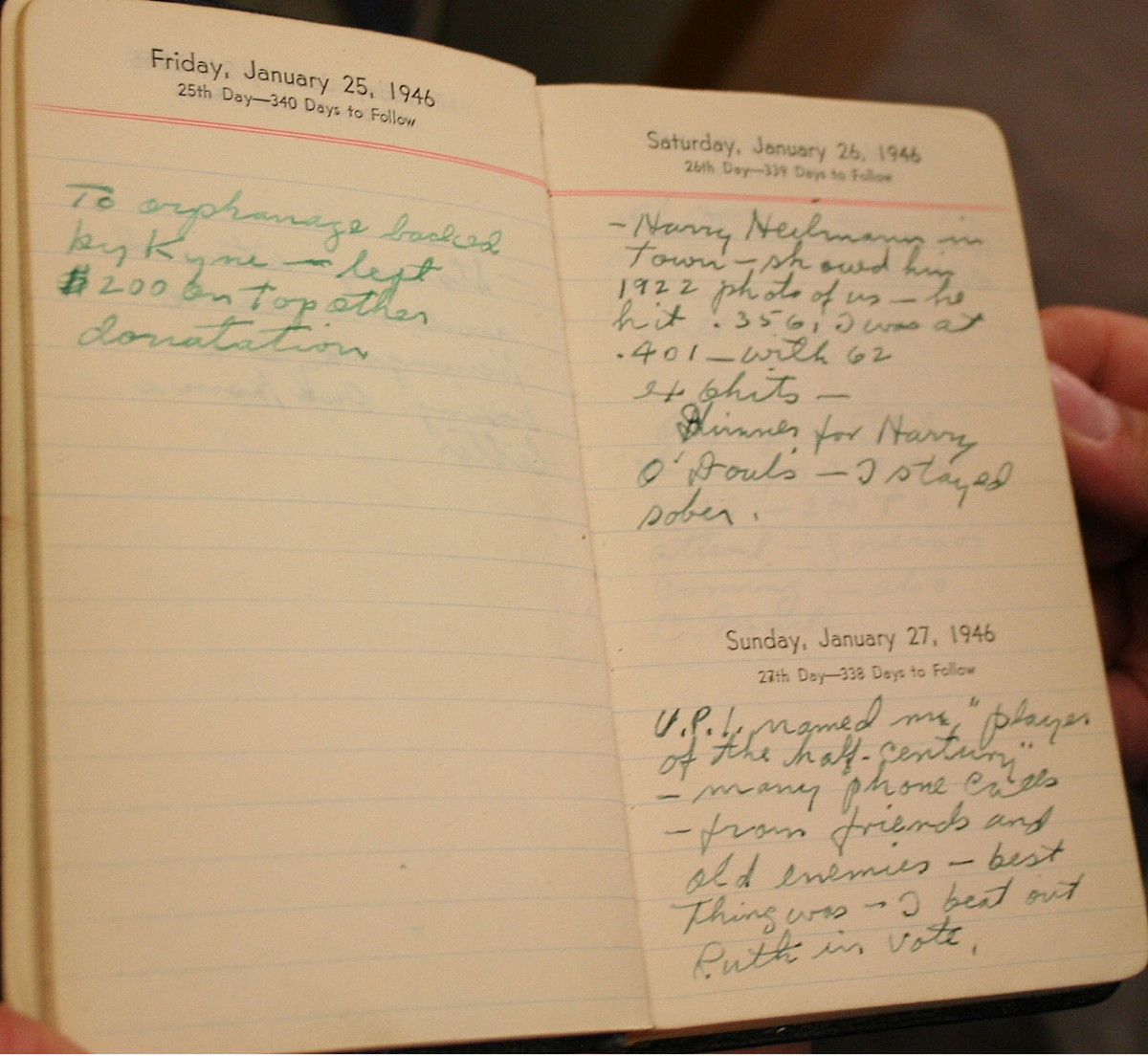 A photo of the Al Stump-forged 1946 Ty Cobb diary that was displayed as genuine by the Baseball Hall of Fame Museum. Stump sold the diary to Barry Halper as part of his Cobbabilia collection. It was later examined by the FBI and determined to be forged.