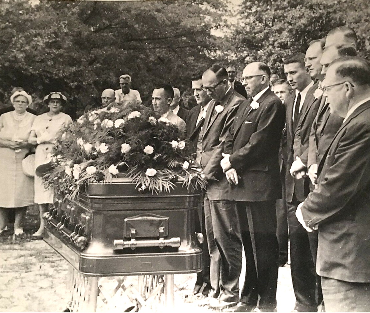 Photo of Ty Cobb’s casket taken at his July 19, 1961 funeral in Royston, Ga. His young personal assistant, medical student Rex Teeslink, who was asked by Ty to serve as a pallbearer, is fifth from the right.