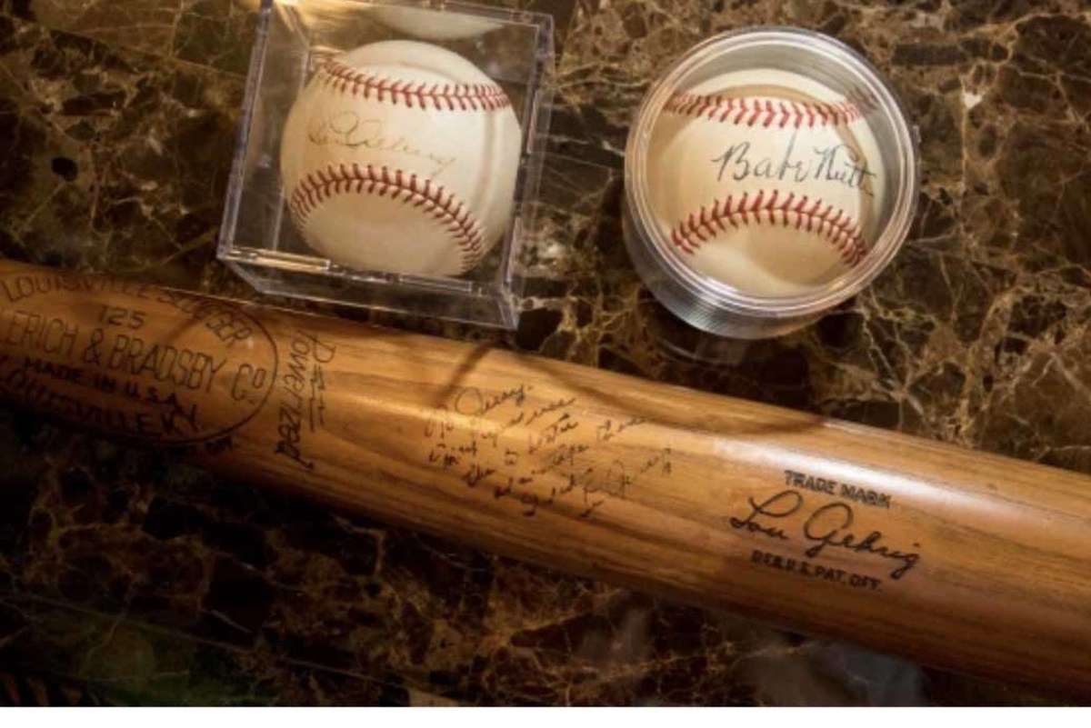 A Lou Gehrig bat and baseball signed by Gehrig and Babe Ruth.