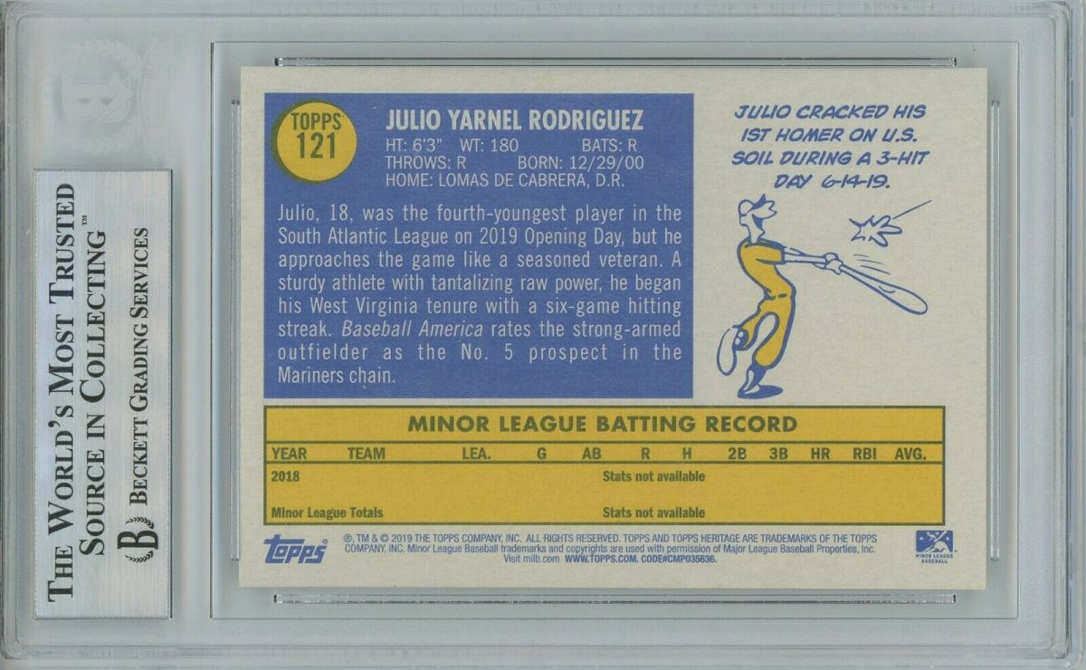Back of 2019 Topps Heritage Julio Rodriguez card.