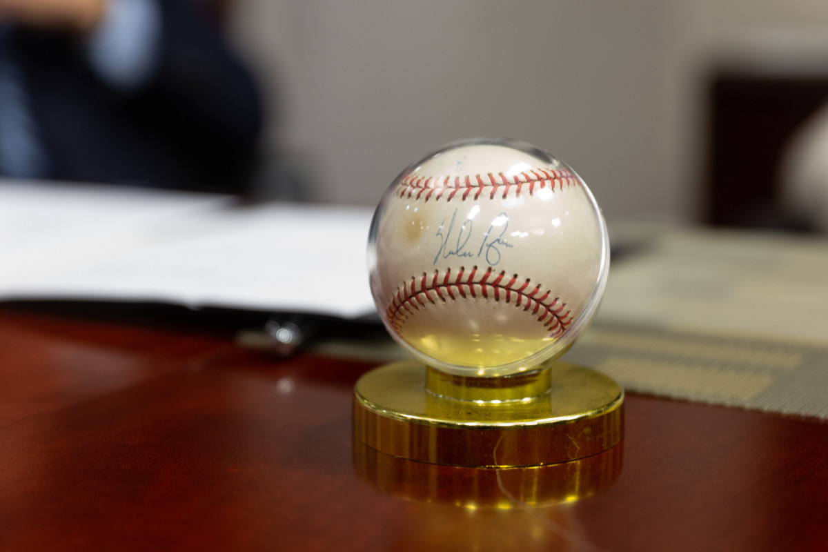 A Nolan Ryan autographed baseball is one of nearly 15,000 items included in Leo S. Ullman’s Ryan collection.