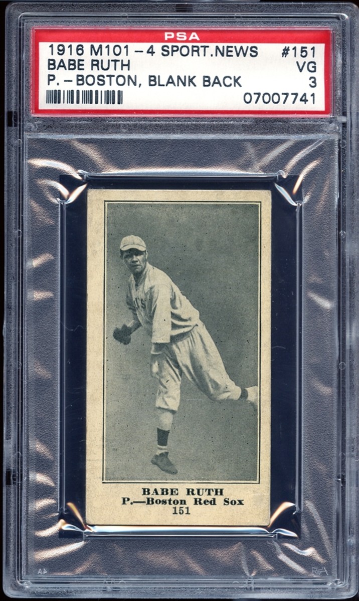 A 1916 M101-4 Sporting News Blank Back Babe Ruth rookie card.