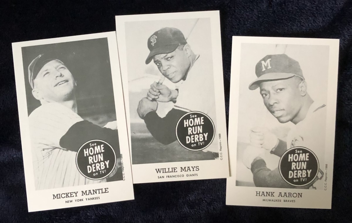 1959 Home Run Derby cards featuring Mickey Mantle, Willie Mays and Hank Aaron.