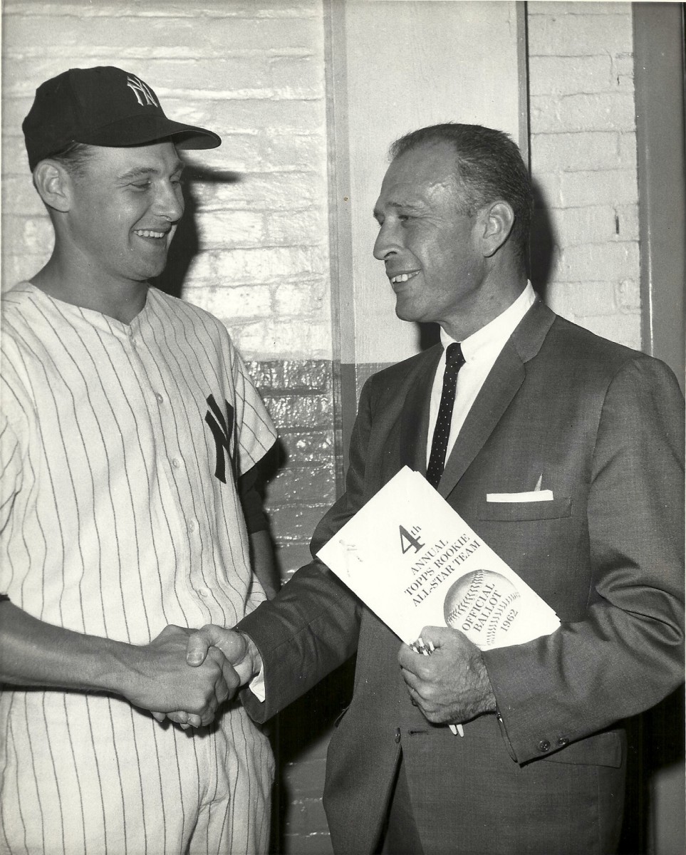 Sy Berger, shown here with New York Yankee Tom Tresh, and Woody Gelman created the iconic 1952 Topps set to help the company sell more bubble gum.