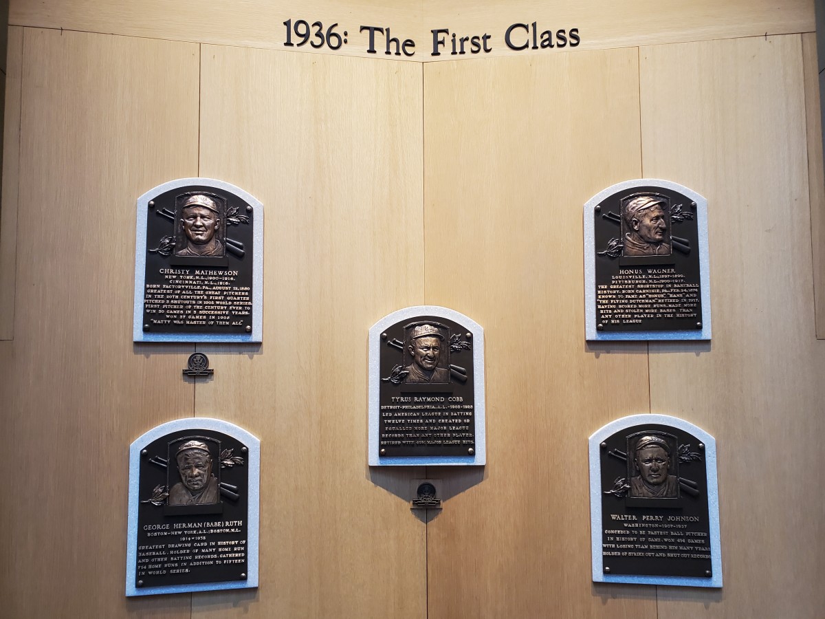 The first class of the Baseball Hall of Fame included Ty Cobb, Walter Johnson, Christy Mathewson, Babe Ruth and Honus Wagner.