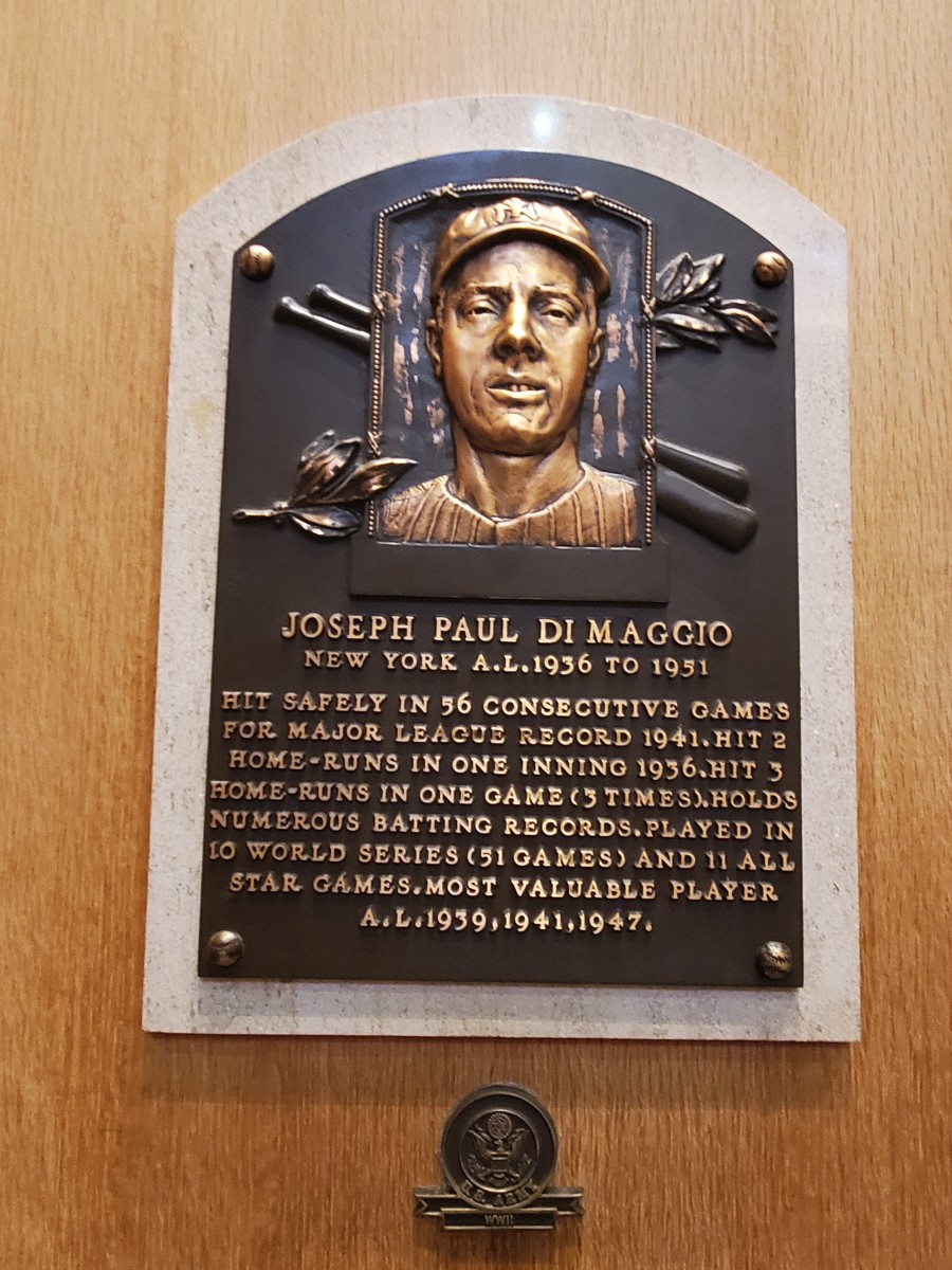 Joe DiMaggio plaque in the Baseball Hall of Fame.