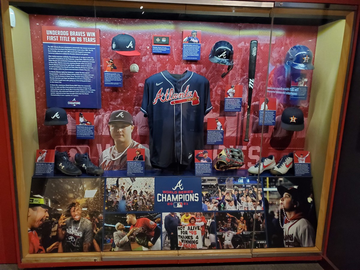 Exhibit honoring the 2021 World Series Champion Atlanta Braves at the Baseball Hall of Fame.