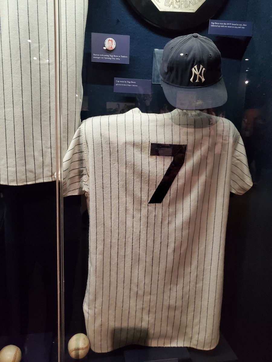 New York Yankees exhibit featuring a cap and jersey from icon Mickey Mantle.
