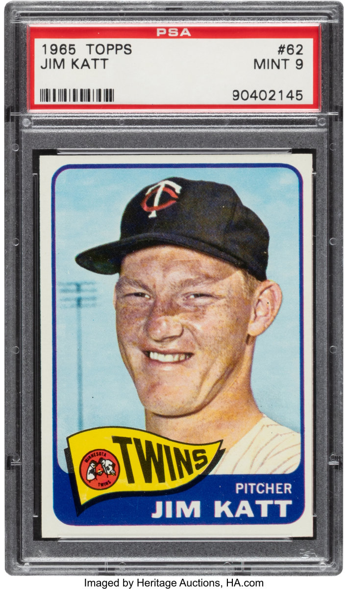 Jim Kaat’s 1965 Topps card has his name spelled incorrectly. He appears on card number #62 with the name “Jim Katt”