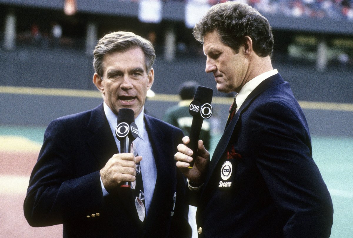 CBS broadcasters Tim McCarver and Jim Kaat prior to Game 1 of the 1990 World Series in Cincinnati.