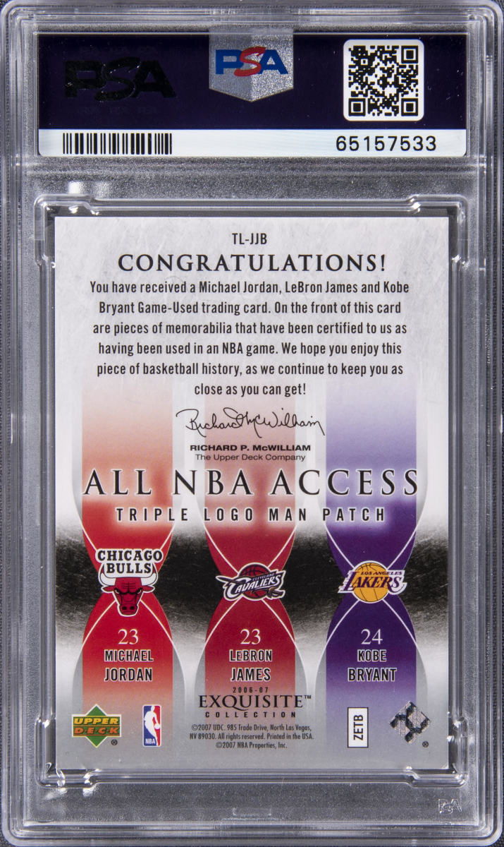 Back of the 2006 Upper Deck Exquisite Collection Michael Jordan, LeBron James, Kobe Bryant Triple Logoman card.