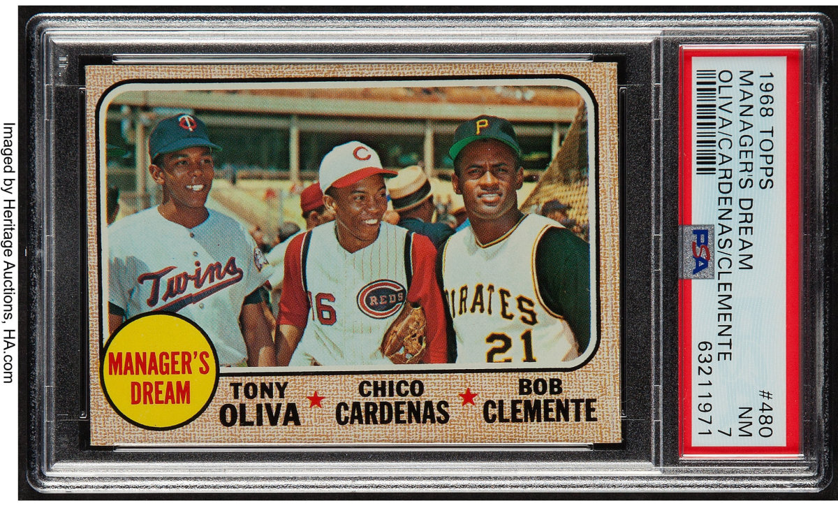 1968 Topps Manager's Dream card featuring Tony Oliva, Chico Cardenas and Roberto Clemente.