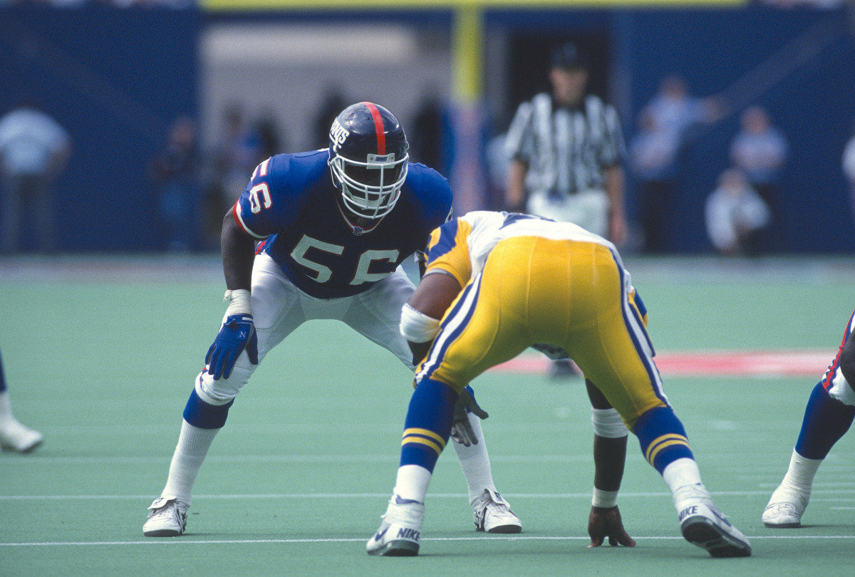 Lawrence Taylor lines up against the LA Rams in 1991 at the Meadowlands.