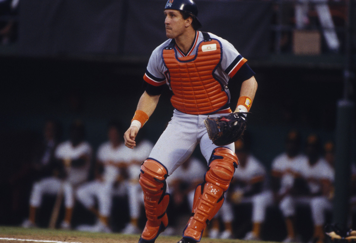 Detroit Tigers catcher Lance Parrish behind the plate during the 1984 World Series.