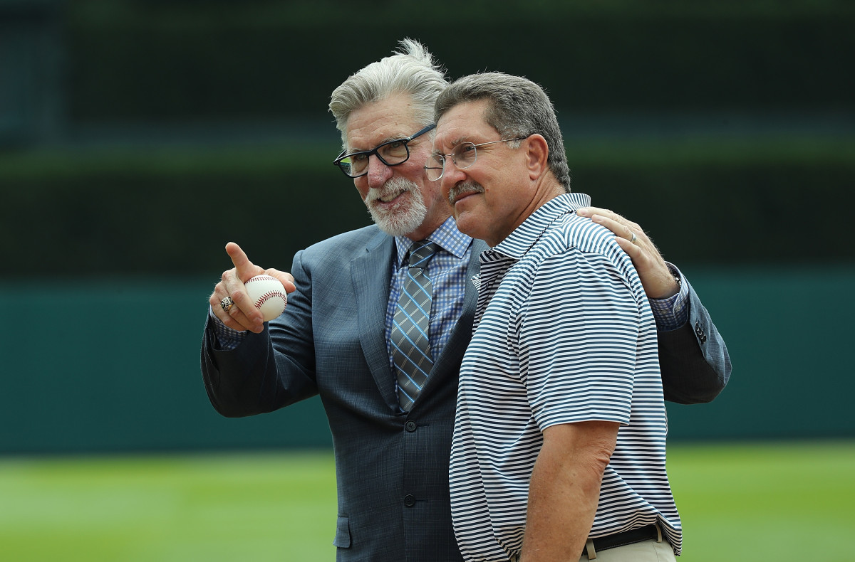 Tigers legendary pitcher Jack Morris and Lance Parrish prior to a 2018 game at Detroit’s Comerica Park.