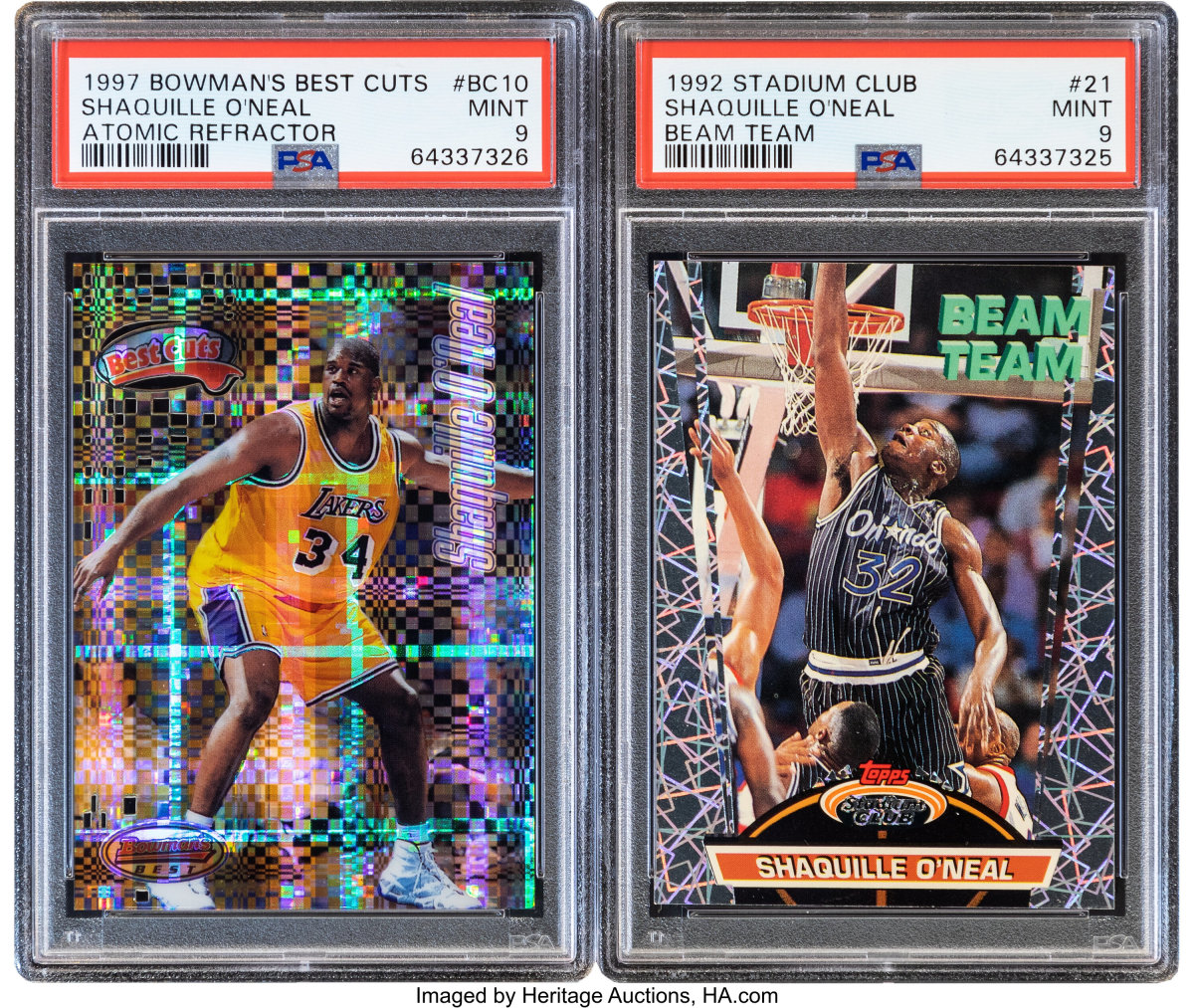 1997 Bowman's Best and 1992 Stadium Club Shaquille O'Neal cards.