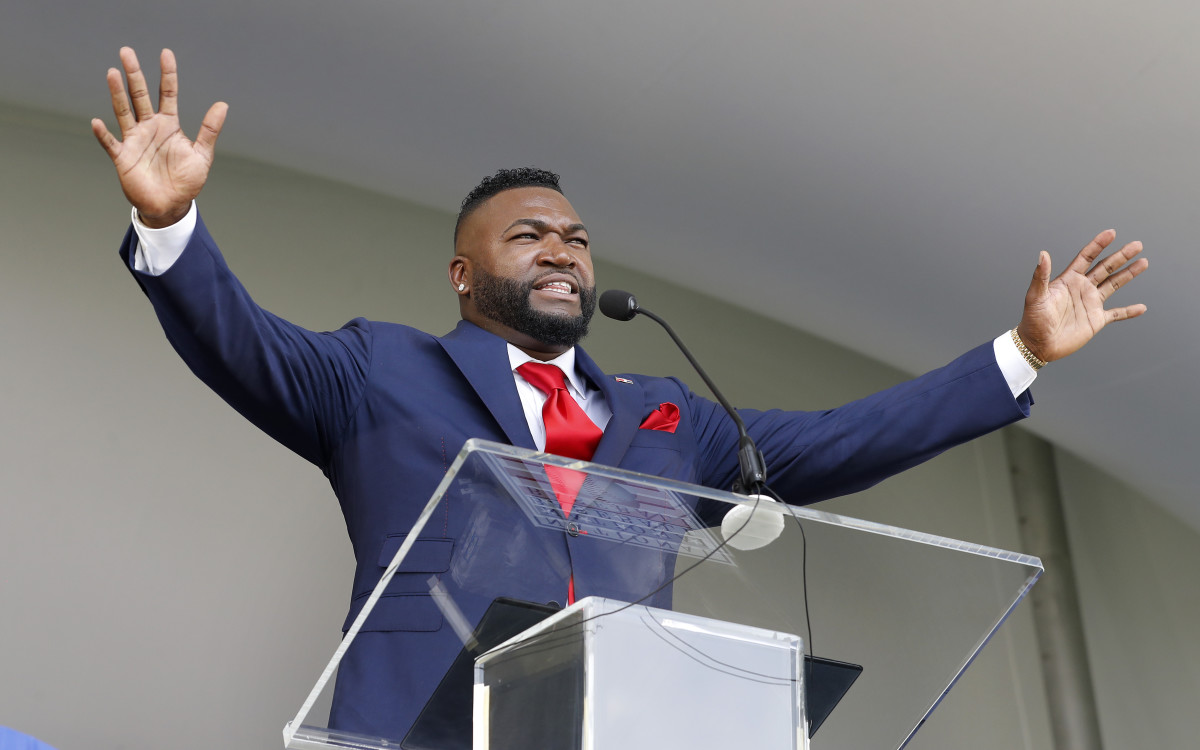 David Ortiz addresses a throng of fans during his Baseball Hall of Fame induction speech.