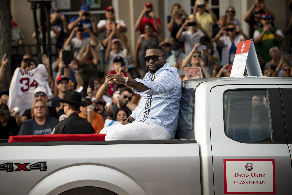 David Ortiz greets fans during the parade on induction weekend at the Baseball Hall of Fame.