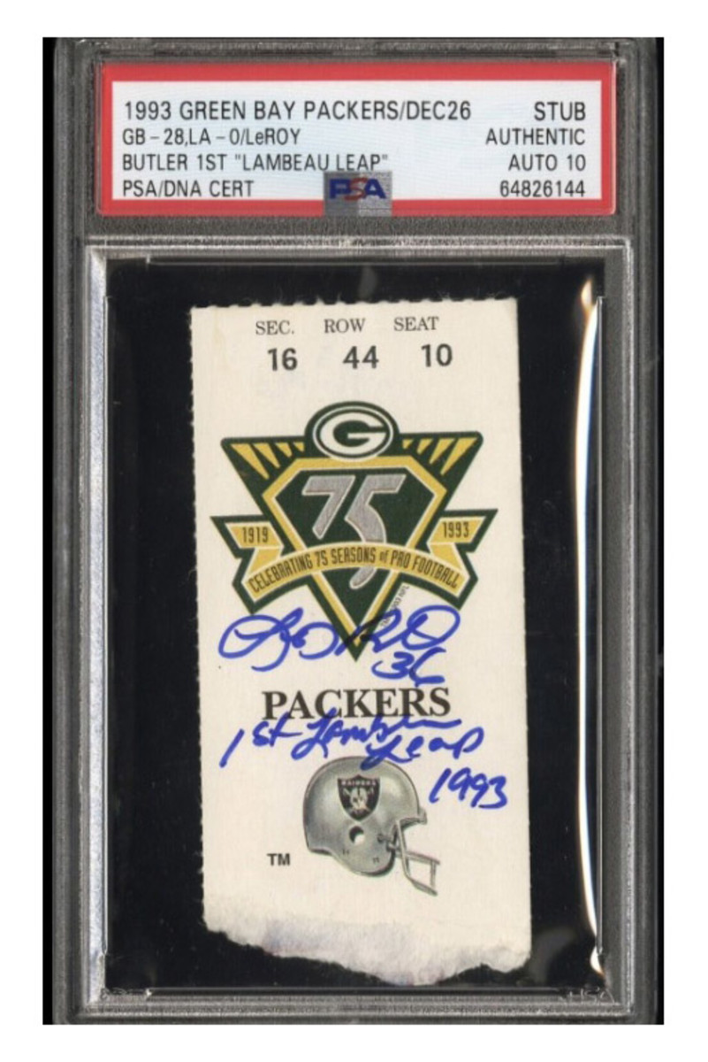 Ticket from first Lambeau Leap game in 1993, signed by LeRoy Butler.