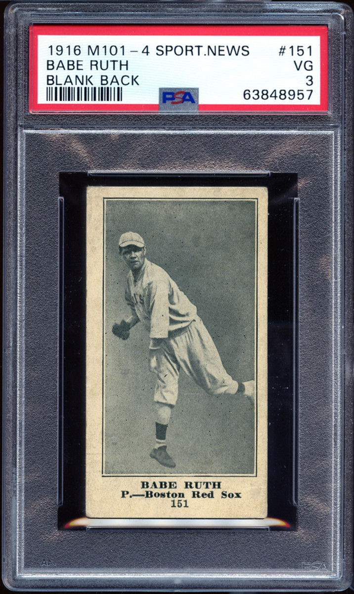 A 1916 M101-4 Sporting News Babe Ruth card that sold for $440,217 at Mile High Card Company.
