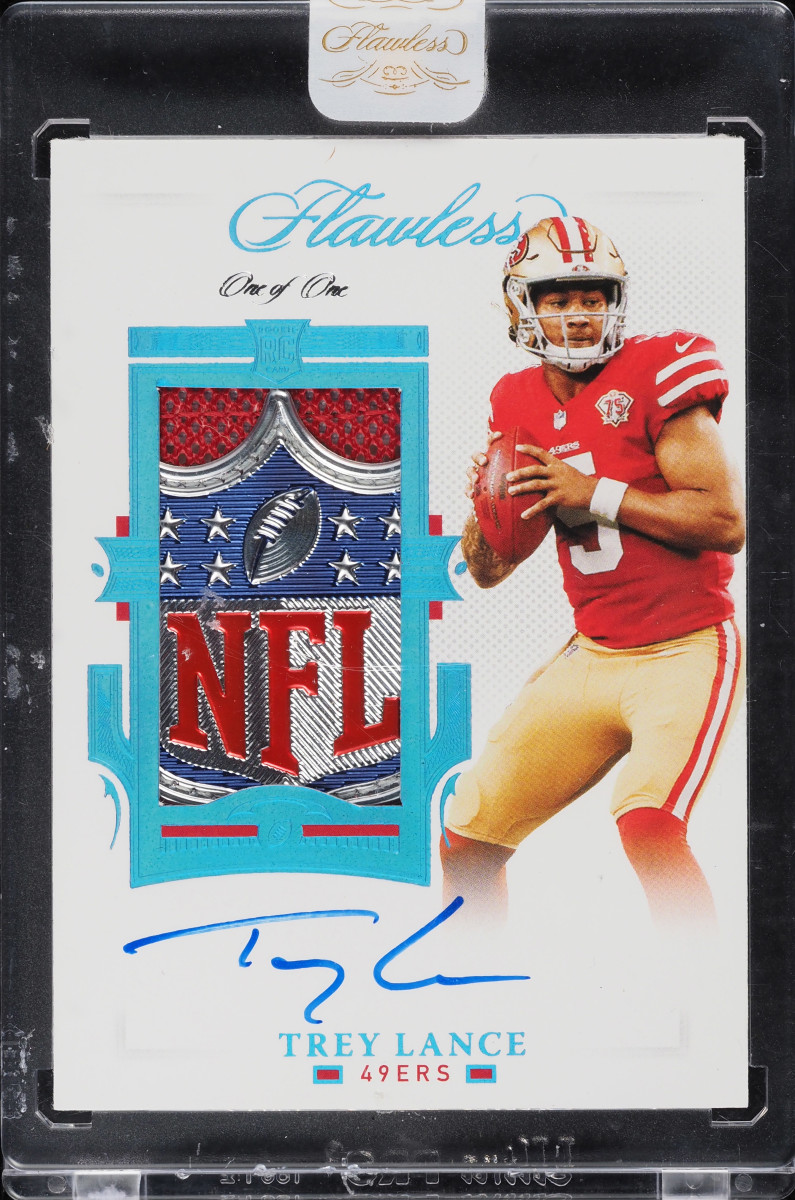 A 2021 Panini Flawless 1/1 Trey Lance Rookie Patch Auto with the NFL Shield.