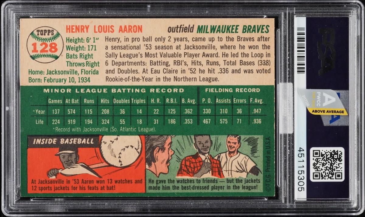 The back of a 1954 Topps Hank Aaron rookie card that set a record at PWCC Marketplace.