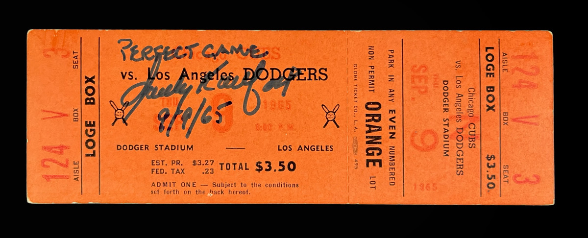 A signed ticket from Sandy Koufax's 1965 perfect game.
