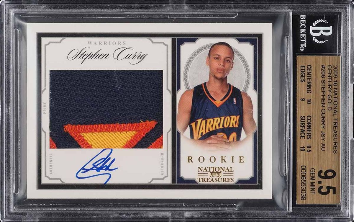 A 2009 National Treasures Stephen Curry Rookie Patch Auto card.