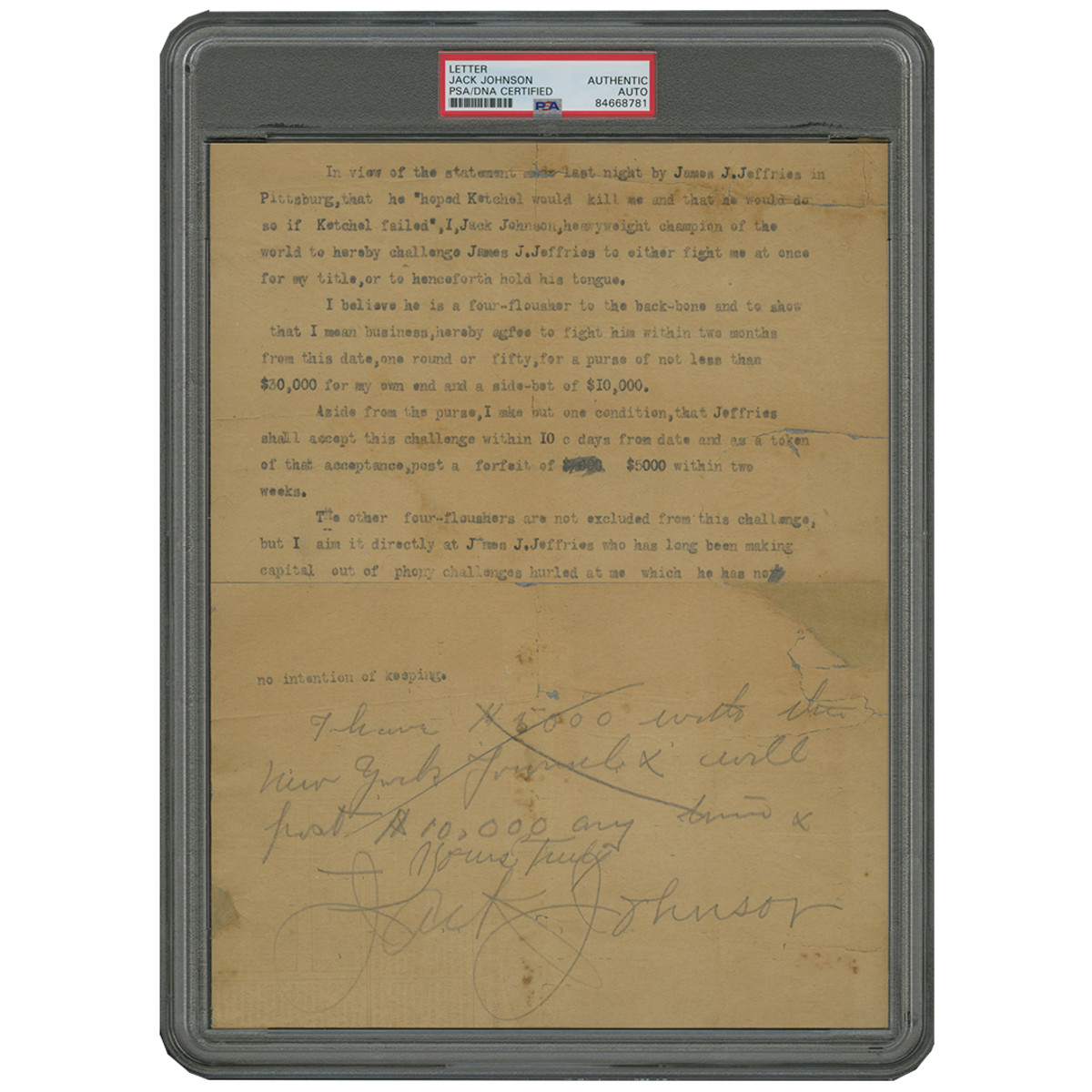 A historic 1910 letter from Jack Johnson challenging James Jeffries to the 1910 World Heavyweight Championship.