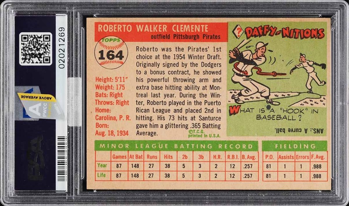 Back of 1955 Topps Roberto Clemente rookie card that sold for more than $1 million at PWCC Marketplace.