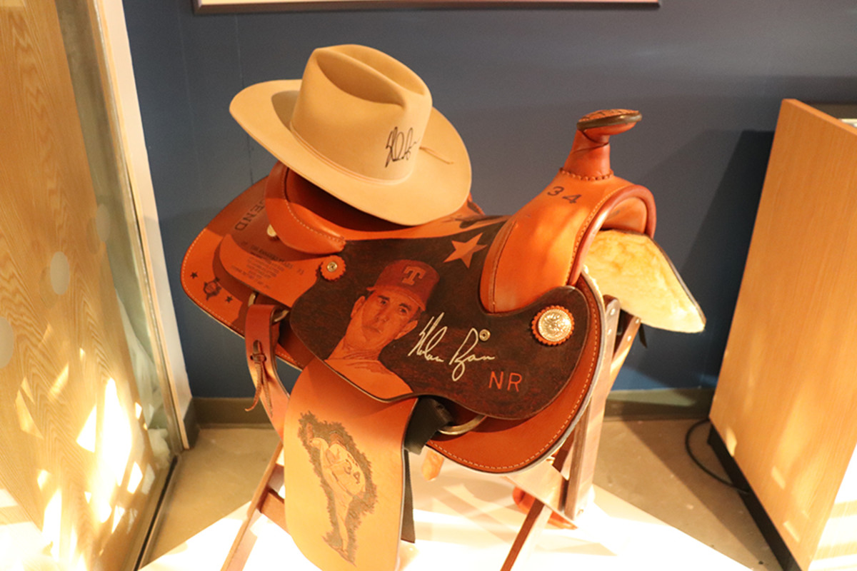 An autographed saddle and cowboy hat are among the more unique items in the Leo S. Ullman Nolan Ryan collection, which is on display at the Noyes Arts Garage in Atlantic City.