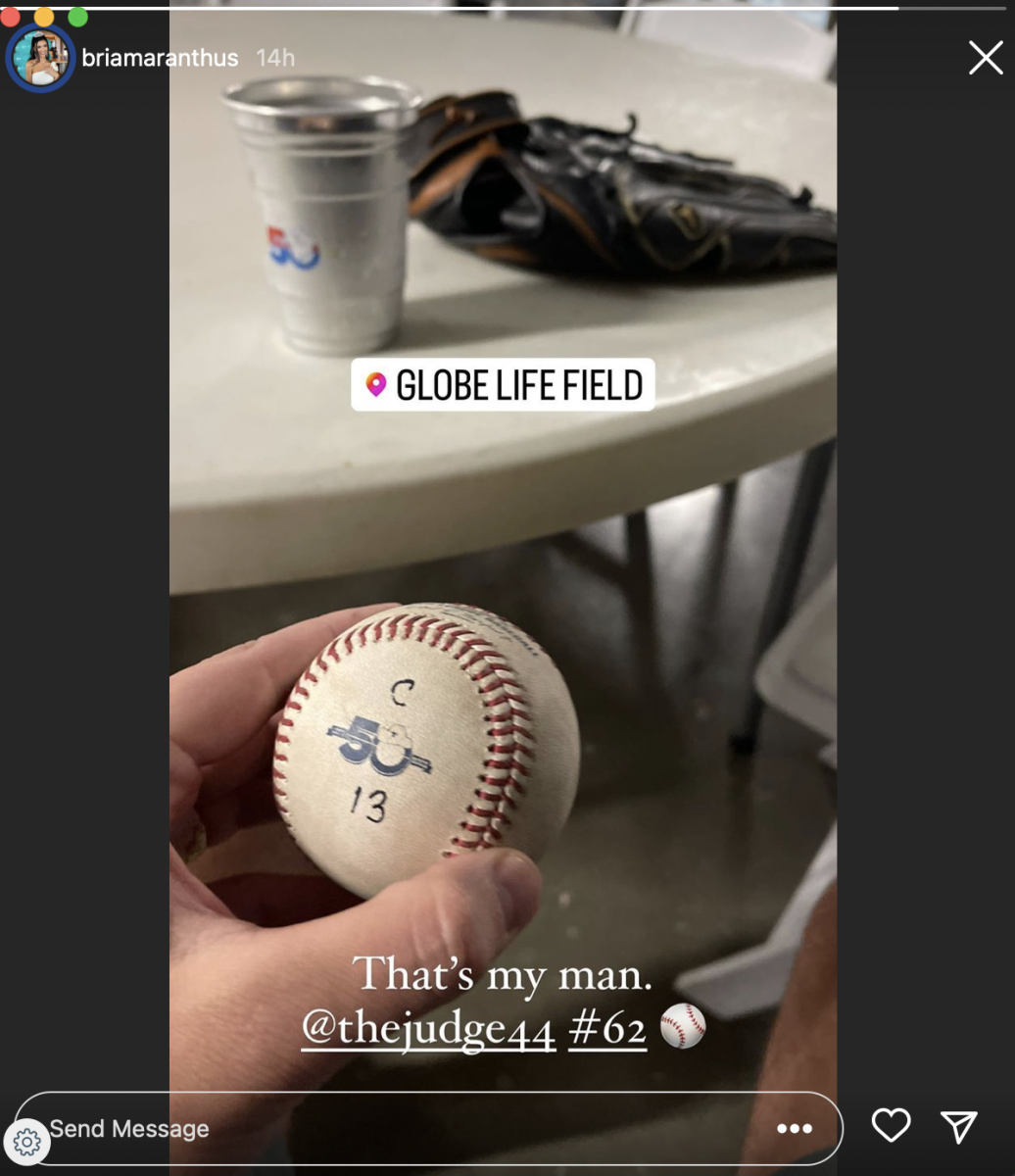 Instagram post from Bri Amaranthus, the wife of Cory Youmans, who caught Aaron Judge's record home run ball.