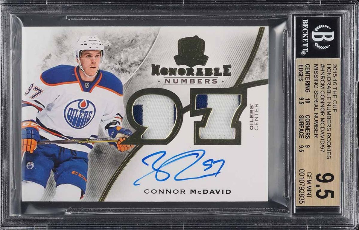 2015-16 Upper Deck The Cup Honorable Numbers Connor McDavid Rookie Patch Auto card.