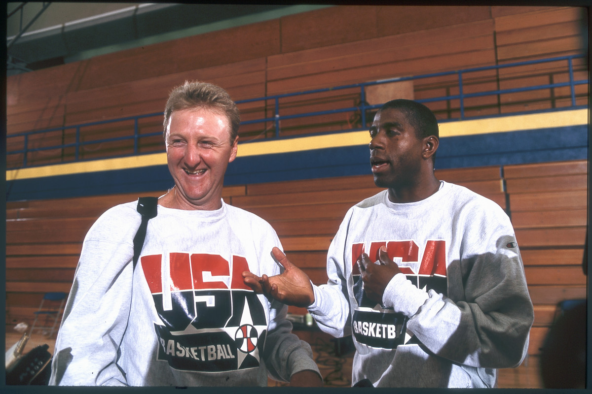 Larry Bird and Magic Johnson have some fun at the 1992 Summer Olympics in Barcelona.