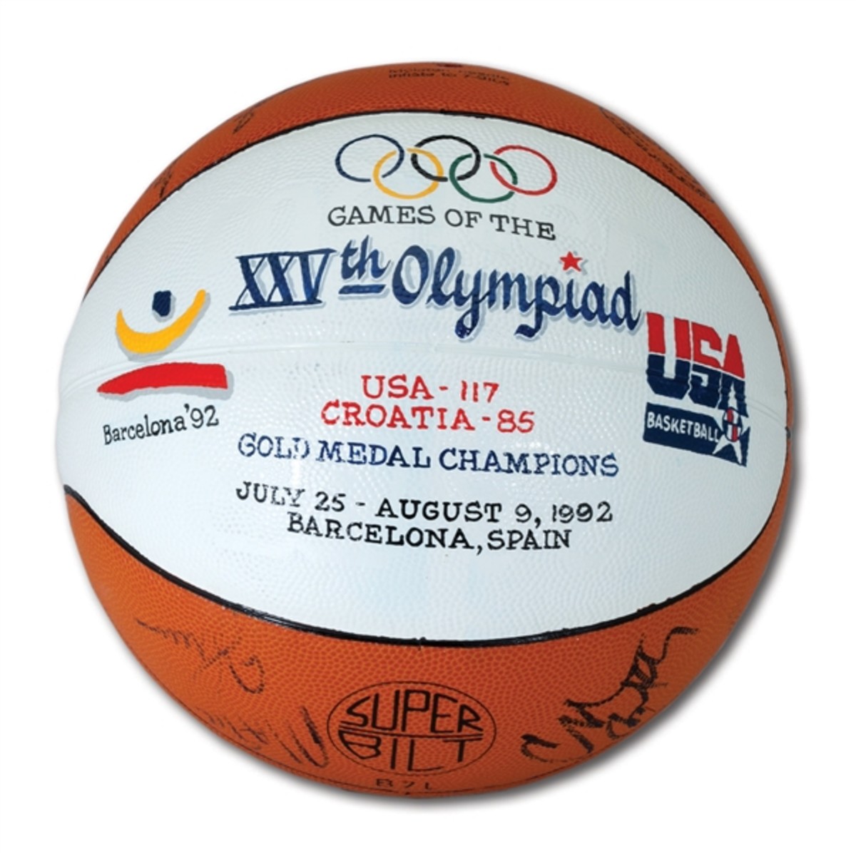 Game-used ball from the Dream Team’s gold medal–winning win over Croatia in 1992. The ball was autographed by head coach Chuck Daley and 11 of the 12 players (only David Robinson’s signature is missing).