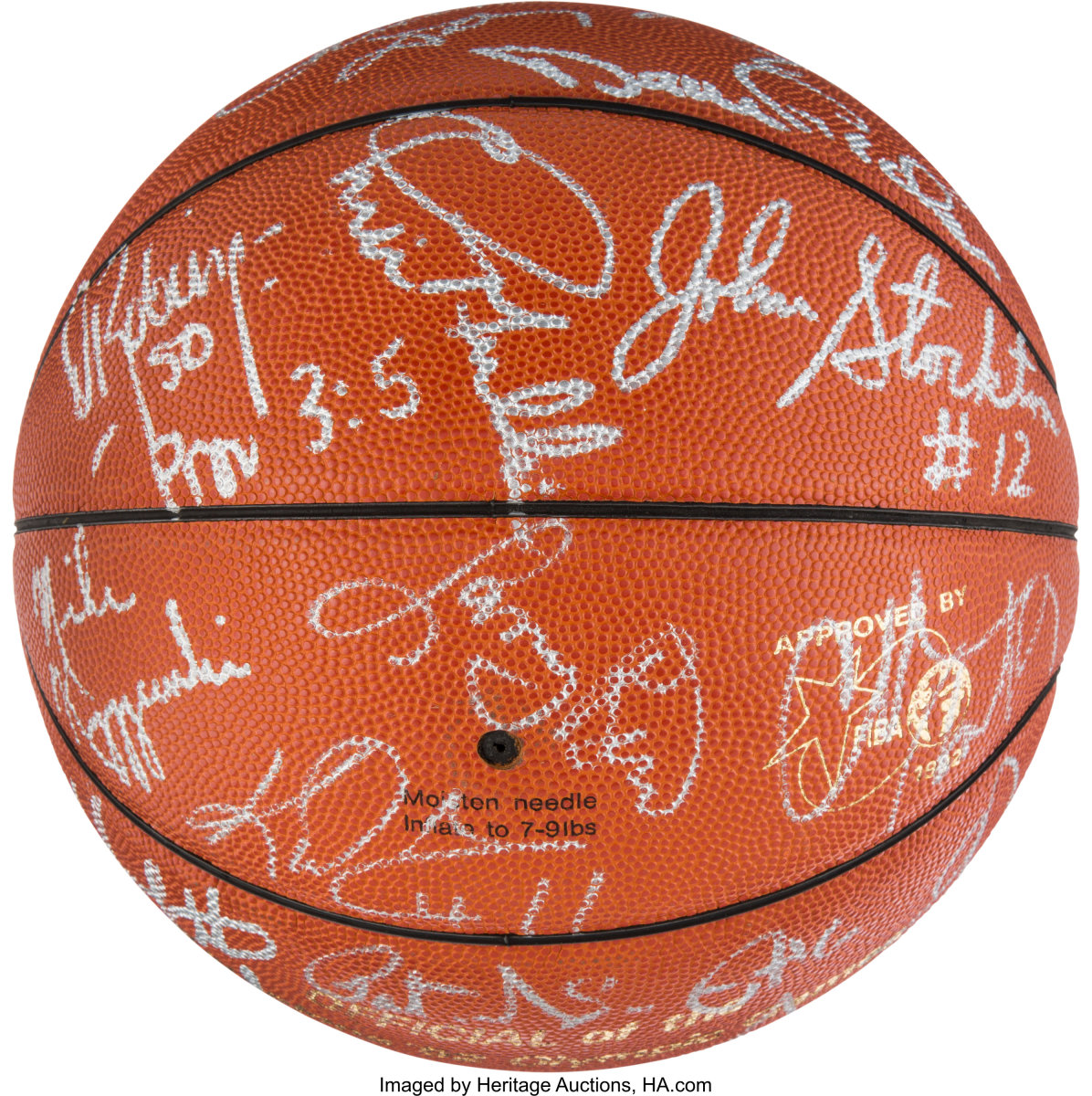 A presentation basketball signed by the Dream Team featuring painted panels that highlight details like the score and date of the gold medal game.